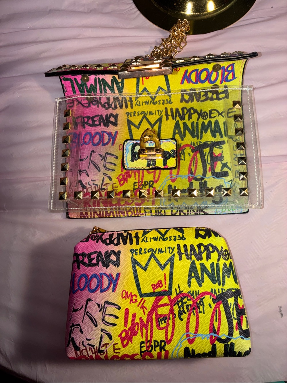 Vibrant Graffiti Zip Pouch with Gold Stud Detail - Picture 7 of 9